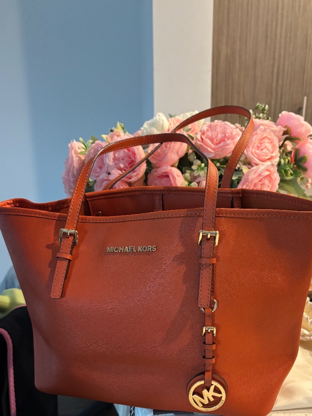 Michael Kors Large Orange Solid Tote Bag, Gold Hardware, MK Charm, Fall Color